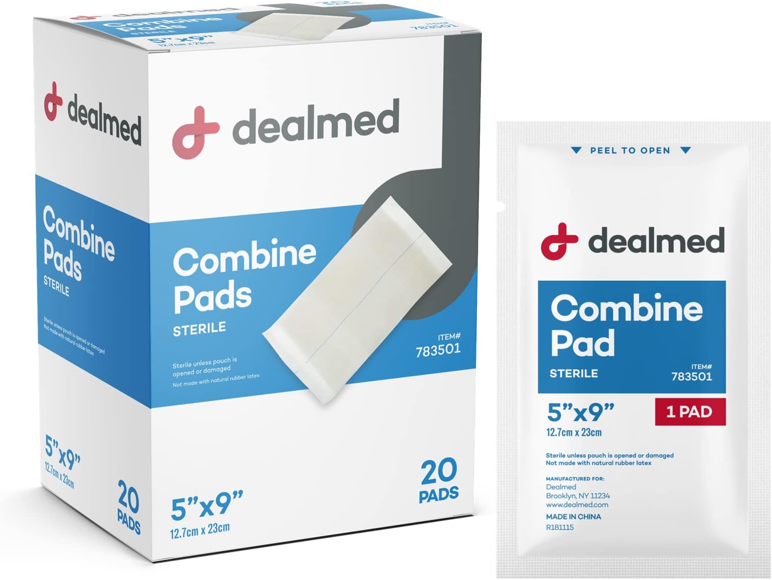 Dealmed Abdominal Combine Pads 5"x9" (20-Pack) Sterile Individually Wrapped, ABD Pads, Absorbent, Non Adherent for Wound Care, Drainage, First Aid, 20/Box (1 Pack)