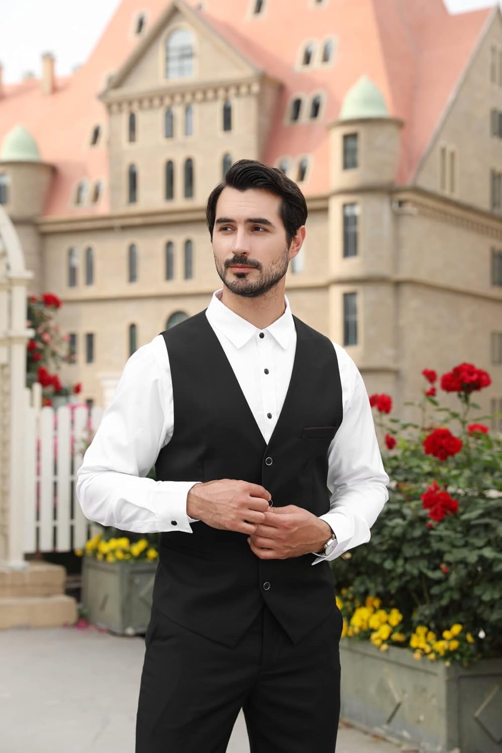 Allthemen Heren Gilet V-hals Enkelrijig Gilet Slim Fit Zakelijke Anzugweste Western, zwart, M