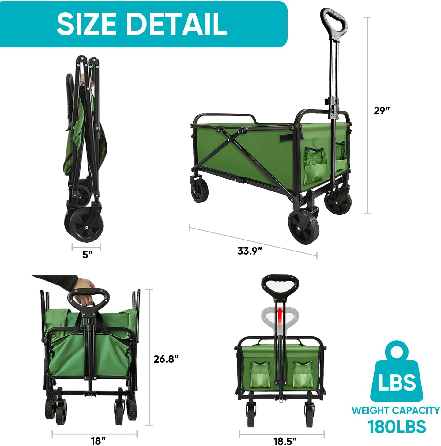 Collapsible Foldable Wagon, Beach Cart Large Capacity, Heavy Duty Folding Wagon Portable, for Outdoor Sports, Shopping, Camping, Green Collapsible Foldable Wagon, Beach Cart Large Capacity, Heavy Duty Folding Wagon Portable, for Outdoor Sports, Shopping, Camping, Green