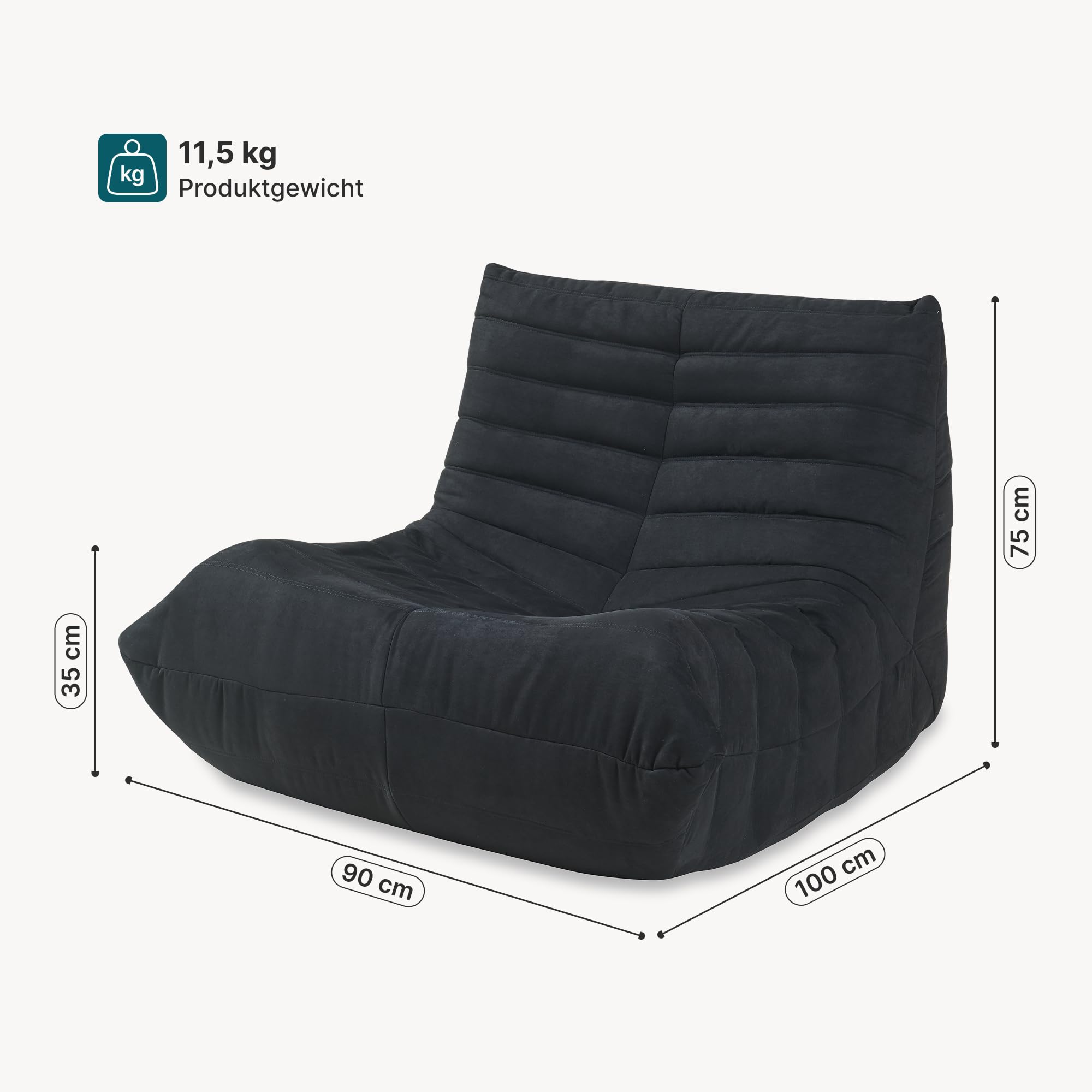 [en.casa] Bodensessel Kodsø Bodenstuhl mit Rückenlehne Lesesessel gepolstert Bodenkissen Sitzsack Sofa Mikrofaser Bodensofa 75 x 90 x 100 cm Relaxsessel Schwarz