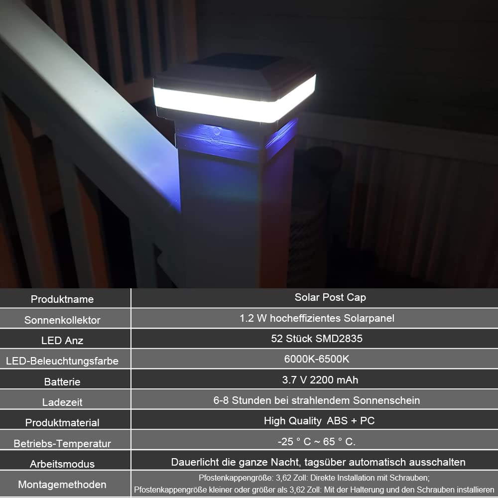 GEYUEYA,Tappi per pali a energia solare per esterni, lampada solare per recinzione, lampada solare a colonna, IP65, impermeabile per pali in legno, patio, illuminazione per recinzioni (4 pezzi)