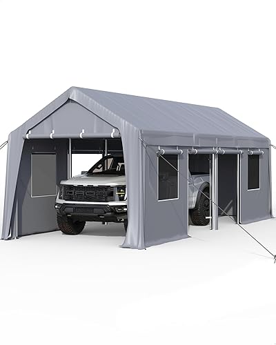 KYBOLT Cochera portátil de gran tamaño de 13 x 25 pies, toldo resistente y marco reforzado, 6 puertas y 4 ventanas, para camionetas de tamaño