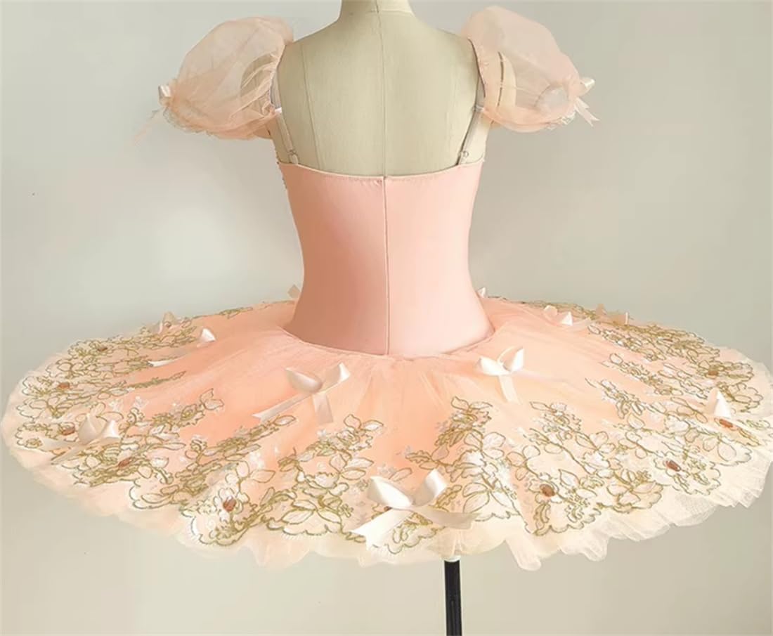 Girls Tutu Ballet Dress Professional Bow Swan Lake Skirt Pancake Embroidery Dancewear Costume,120cm,Champagne