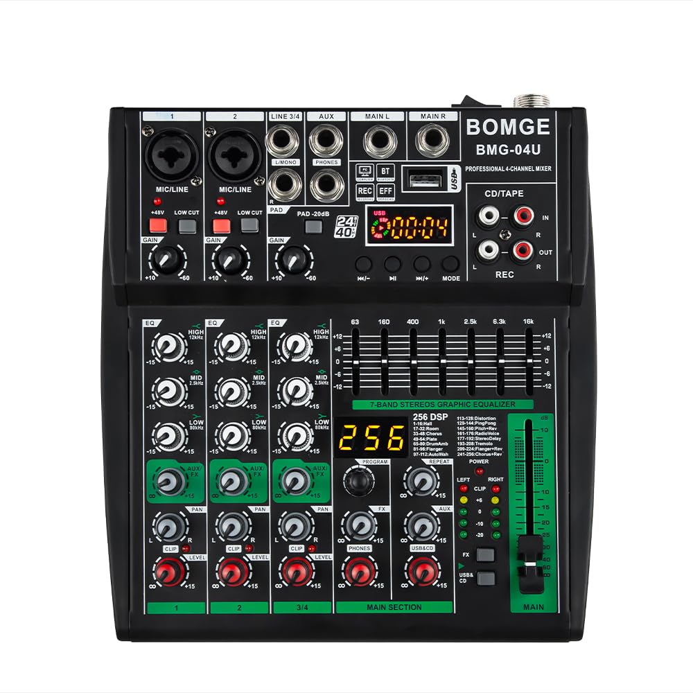 BOMGE - Mixer audio DJ professionale, DJ mixer a 4-8 canali, mixer audio Bluetooth, supporta ingresso computer USB/MP3/BT, 256DSP, alimentazione phantom da 48 V adatto per registrazione di streaming