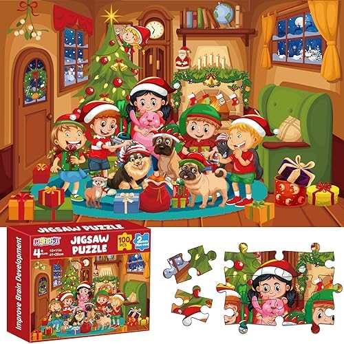 pigipigi Christmas Jigsaw Puzzles for Kids – 100 Pieces Christmas Puzzle for Kid Age 4-8 3-5 Holiday Puzzles Game Gifts for Boys Girls 8-10 Years Old Family Educational Toys