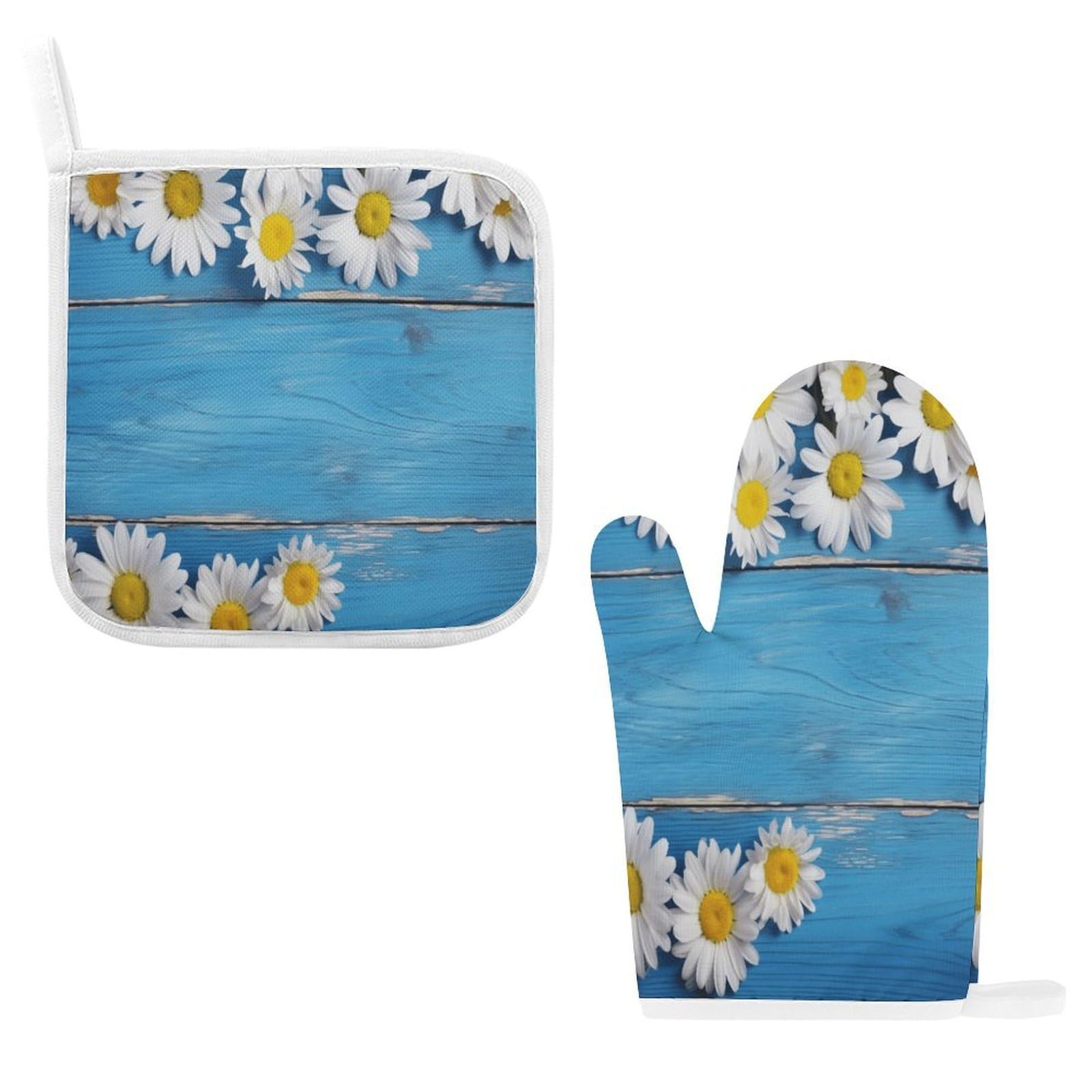 Btcowzrv Style Daisy Flowers Blue Wooden Oven Mitts And Pot Holders 2Pcs Set