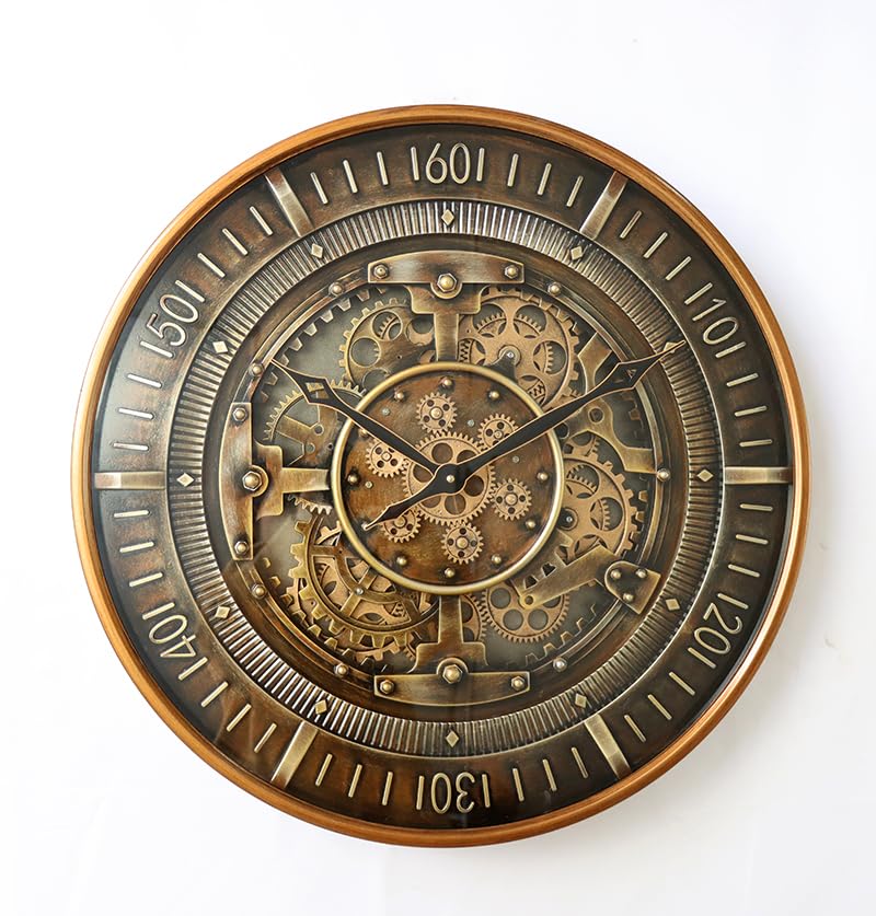 Image of ORBICA Helix Bronze 24 Inch Gear Wall Clock | Vintage Bronze Wall Clock | Large Decorative Designer Clock | Luxury Home Decor | Mechanical Moving Gear Style