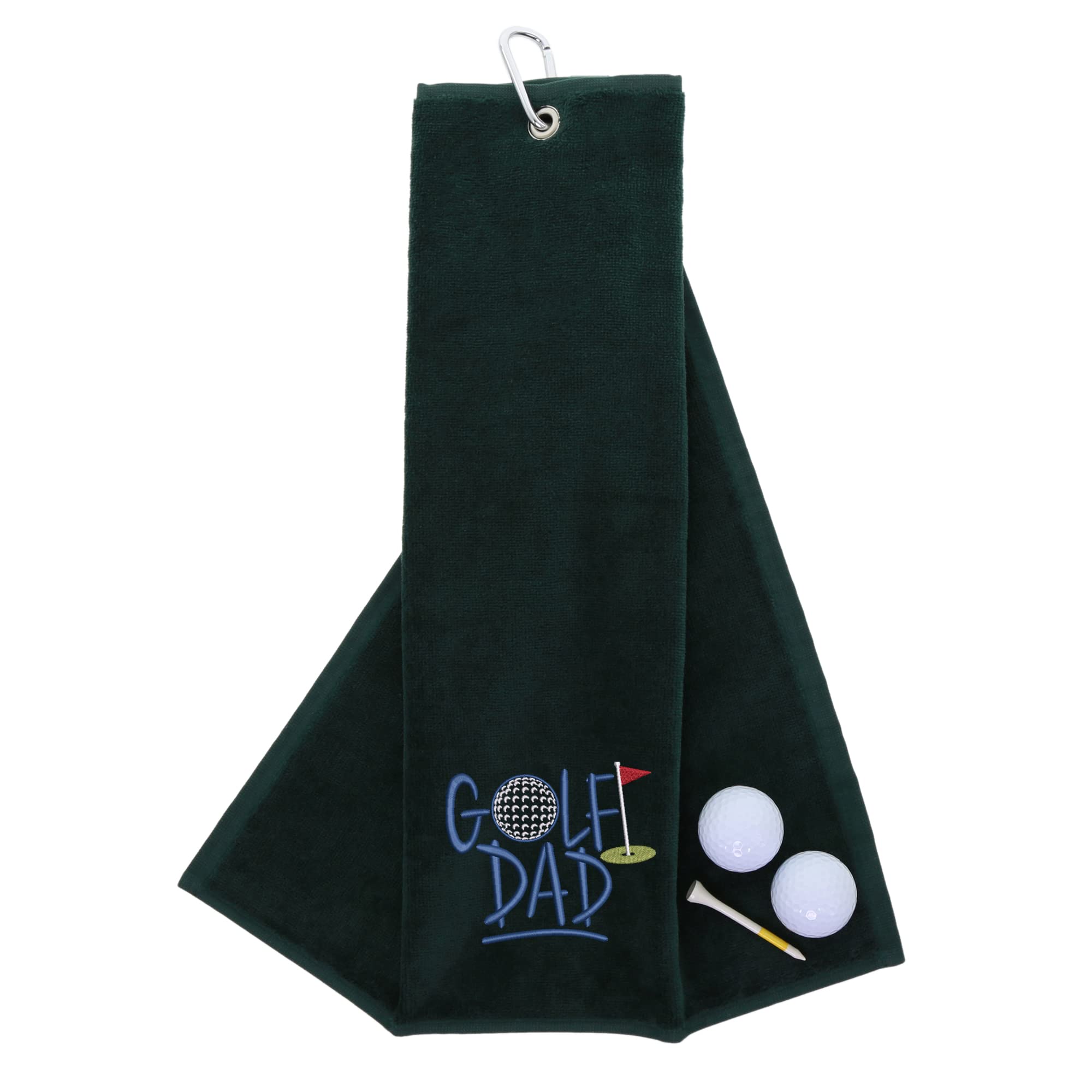 aztex Tri-Fold Golf Towel with Novelty 'Golf Dad' Embroidery, Metal Carabiner Clip, Cotton Velour, 590gsm, Forest