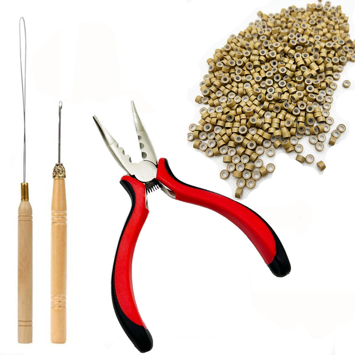 Hair Extensions Tools Kit Professional Hair Styling Tools Accessory 500 Pcs Micro Ring Beads 1 Plier 2 Hook Needle Pulling Loop, for Tinsel I tip hair