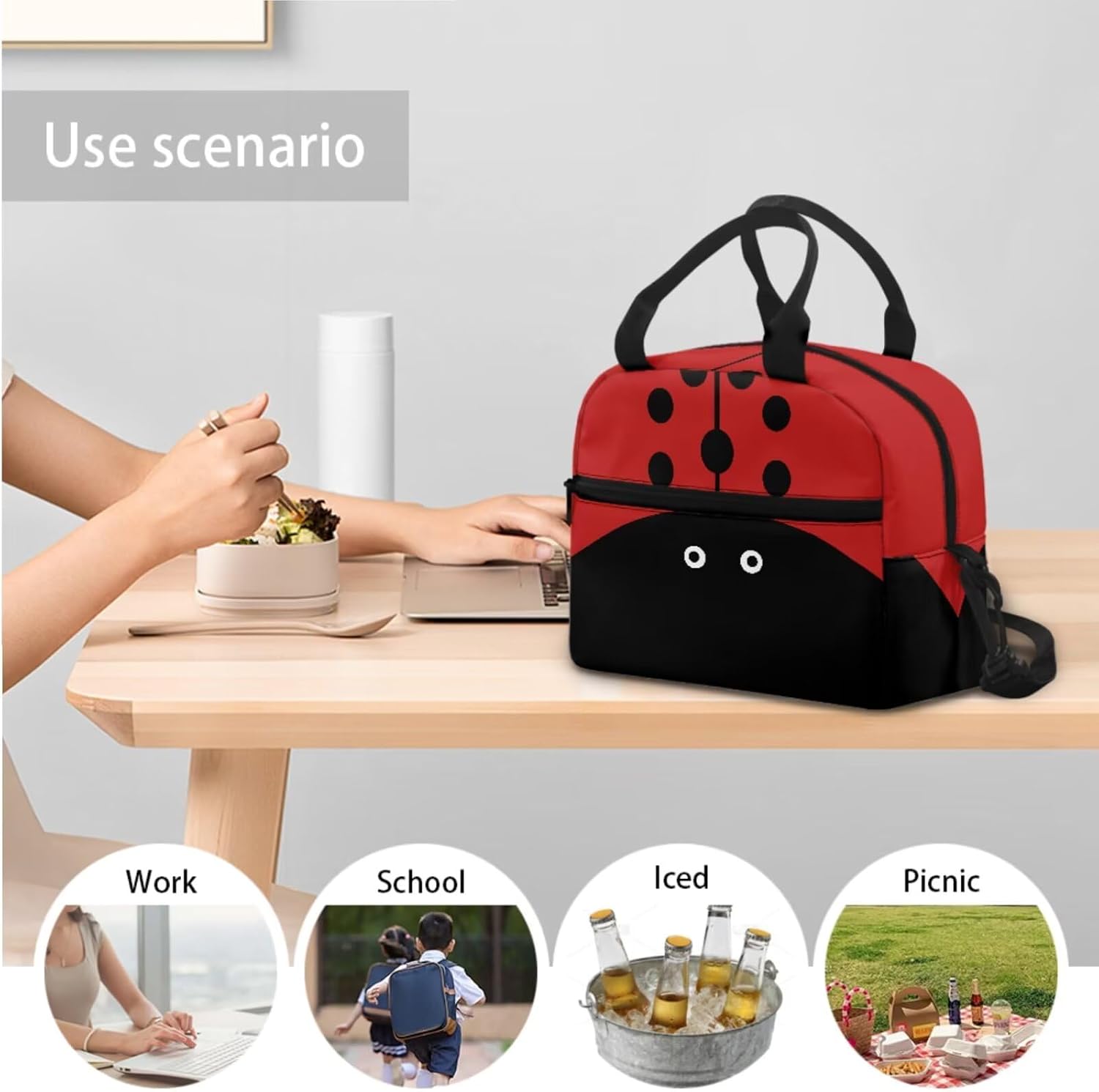 Tuoxiukan Ladybug Backpack for Girls with Lunchbox Box and Pencil Case and Water Bottle Sleeve Set of 4 Piece School Bookbag for Elementary School Girls Kids Rucksack with Laptop Compartment
