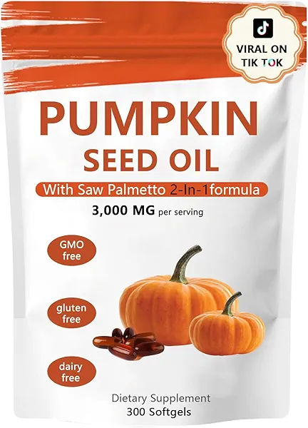 Ovela Pumpkin Seed Oil Capsules, 2 in 1 Pumpkin Seed Oil with Saw Palmetto for Hair Growth, 3000mg Per Serving, Cold Pressed, Supports Hair Heart Skin Supplement, Non-GMO, Gluten Free, 300 Softgels