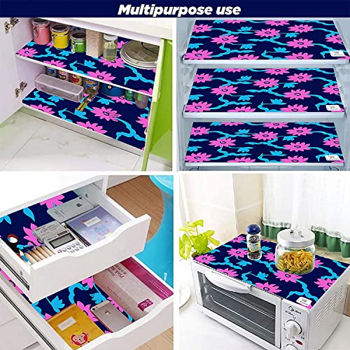 Image of Polyester 3-Layered Fridge Top Cover /Refrigerator Cover With Utility Pockets and Set of 4 Pc Fridge Mats (Color -Floral Blue, Size-39x21 Inches)