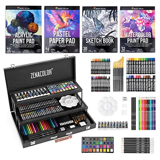 Zenacolor Maletin Pinturas (XXL) 150 piezas - Maletín de Madera de Calidad Profesional - Set completo de Dibujo y Pintura - pasteles, pintura acrilica, ceras de colores, pintura de agua, carboncillo