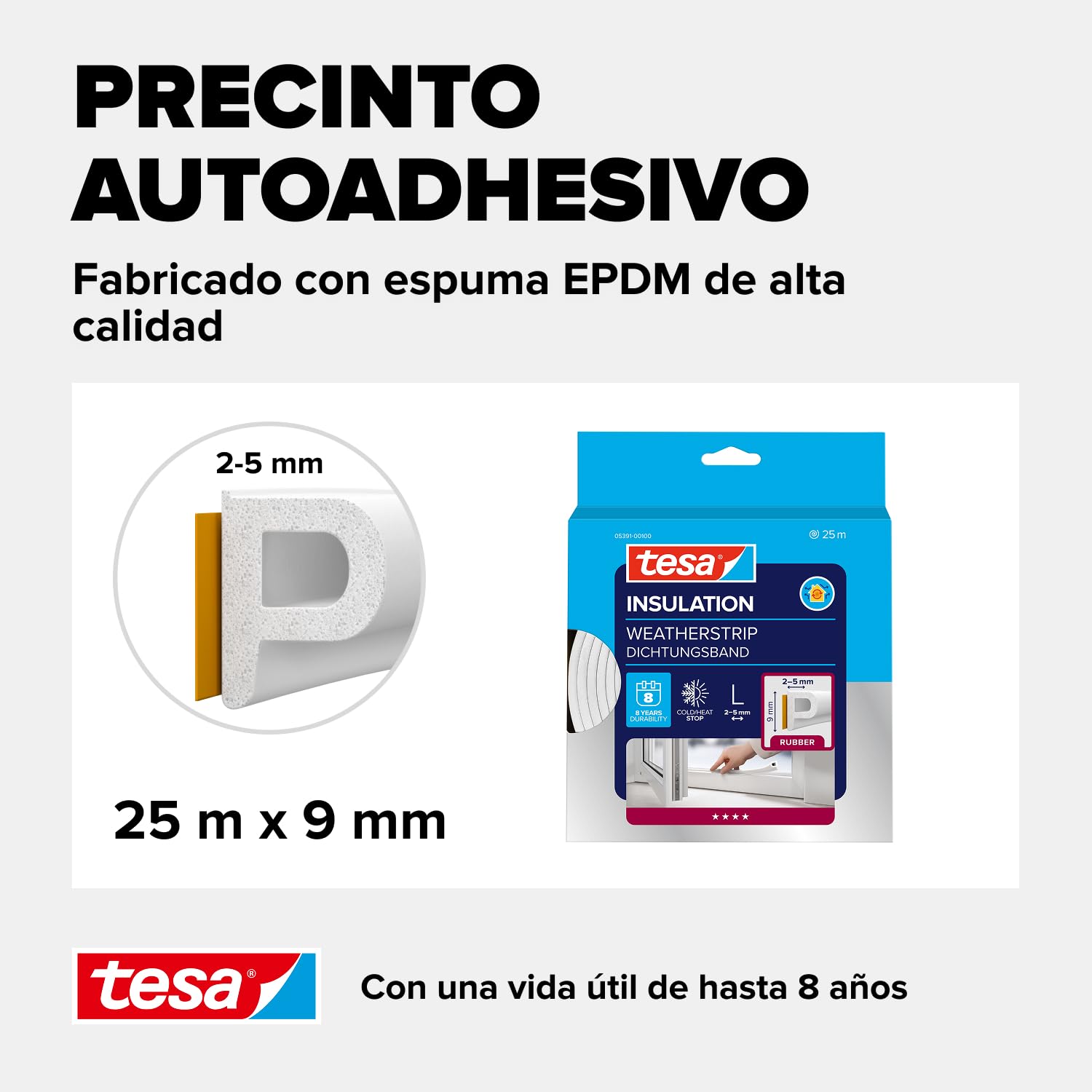 tesa INSULATION L junta de goma - Junta autoadhesiva para el aislamiento de huecos en ventanas y puertas - Blanca - 25 m x 9 mm x 5,5 mm