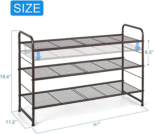 Miniatura 3 de OWOT Simple Trending - Zapatero apilable de 3 niveles, organizador de almacenamiento expandible y ajustable, rejilla de alambre, marrón