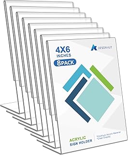 8Pack Slanted Back Acrylic Sign Holder 4 x 6Inches，Clear Plastic Sign Holder Paper Photo Display，Menu Table Top Desktop Stand，Clear Picture Frame，Flyer Holder(Vertical)