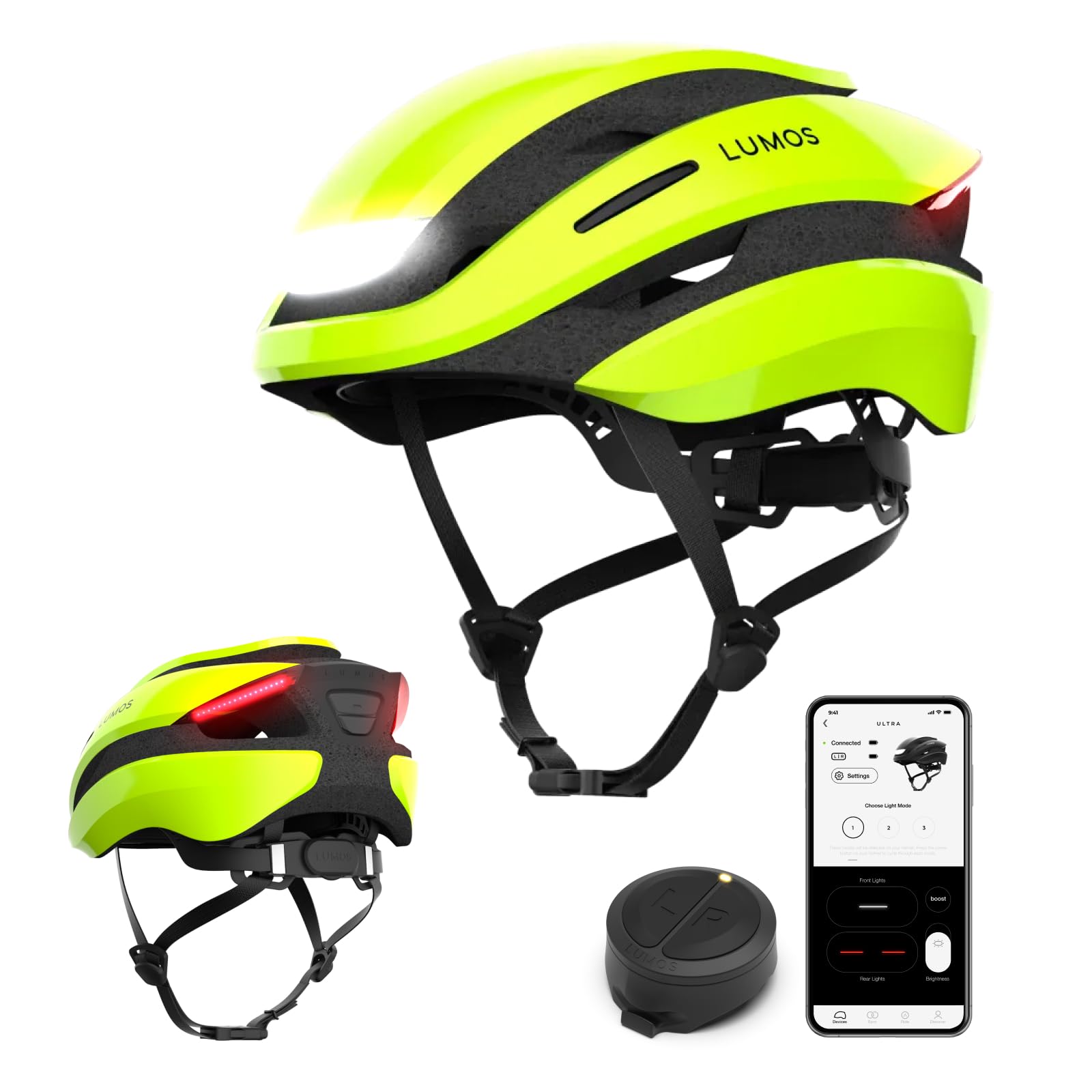 Lumos Ultra inteligentny kask rowerowy, przednie i tylne światło (LED), kierunkowskazy, światła stopu, połączenie Bluetooth, dorośli: mężczyźni, kobiety (Electric Lime, rozmiar: M-L)