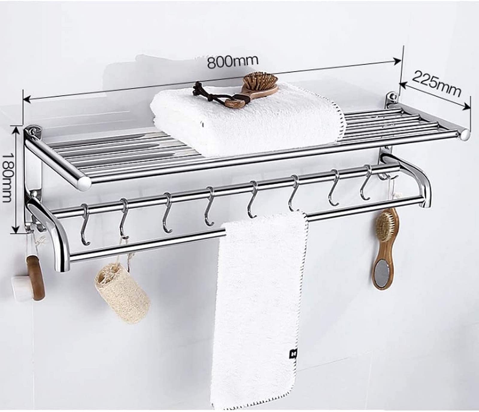 GONMDOPY Towel Rail,Bathroom Shelf Stainless Steel Bath Towel Rack Wall-Hung Bathroom Hardware Hanging Hotel Rack Shelf for Kitchen or Bathroom with Hooks/80Cm