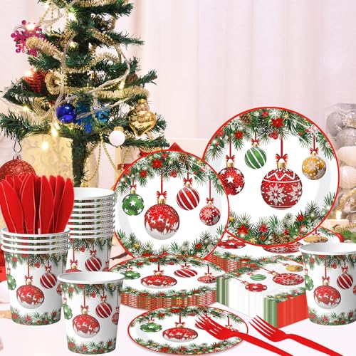 Christmas Paper Plates and Napkins,144pcs Xmas Ball Christmas Plates Disposable Party Set Christ mas Dinnerware Set for Winter Xmas Holiday,Serves 24 – Image 6