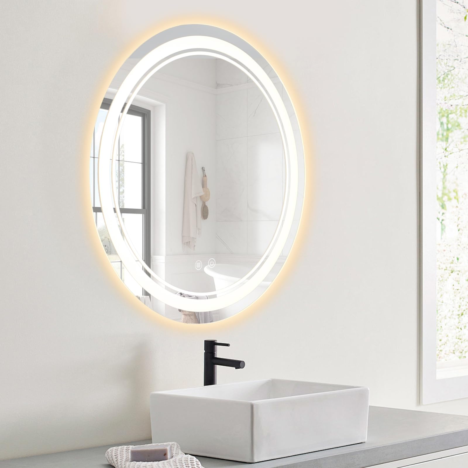 50 cm Runder Dimmbar LED Spiegel Bad mit Beleuchtung mit Memory und Antibeschlagfunktion, Touch-Schalter, 3 Lichtfarben einstellbar (3000K–6000K), Badezimmerspiegel für Make-up und Rasur
