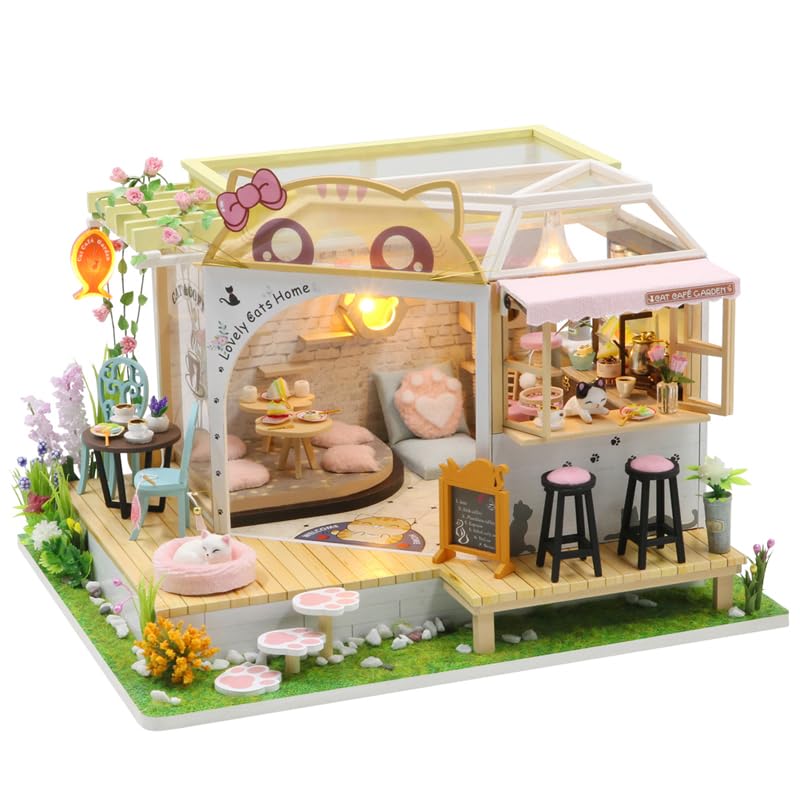 Kit fai da te Cat Cafe in miniatura per casa delle bambole con luce a LED, scala 1:24, fatto a mano, gatto, caffè, giardino, casa delle bambole, regalo di compleanno creativo per adolescenti (casetta