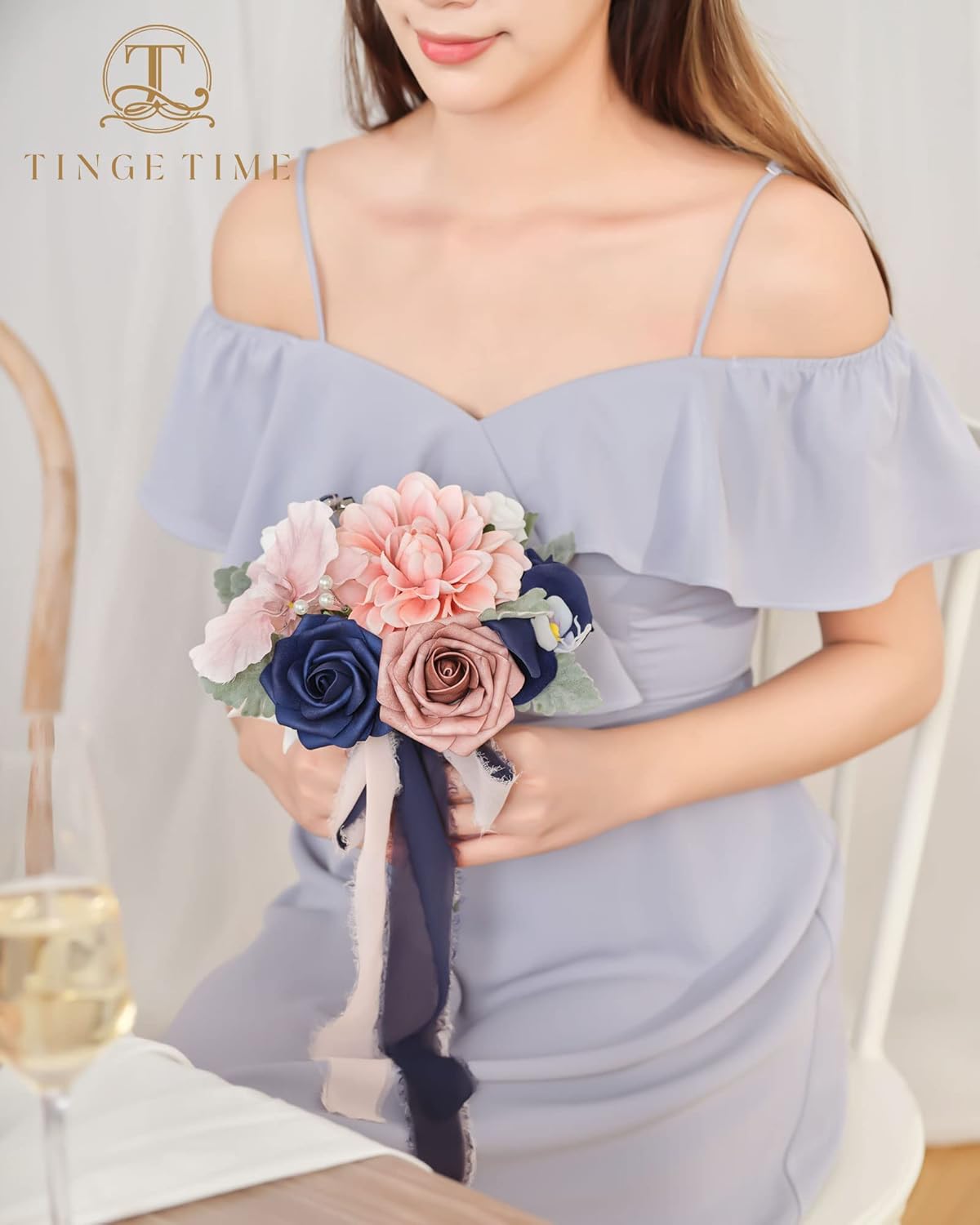 TINGE TIME 7inch Wedding Bouquets for Bridesmaid, Artificial Flowers Cascading Bridal Bouquet for Wedding (Dusty Rose & Navy Blue, Set of 4) - Image 5