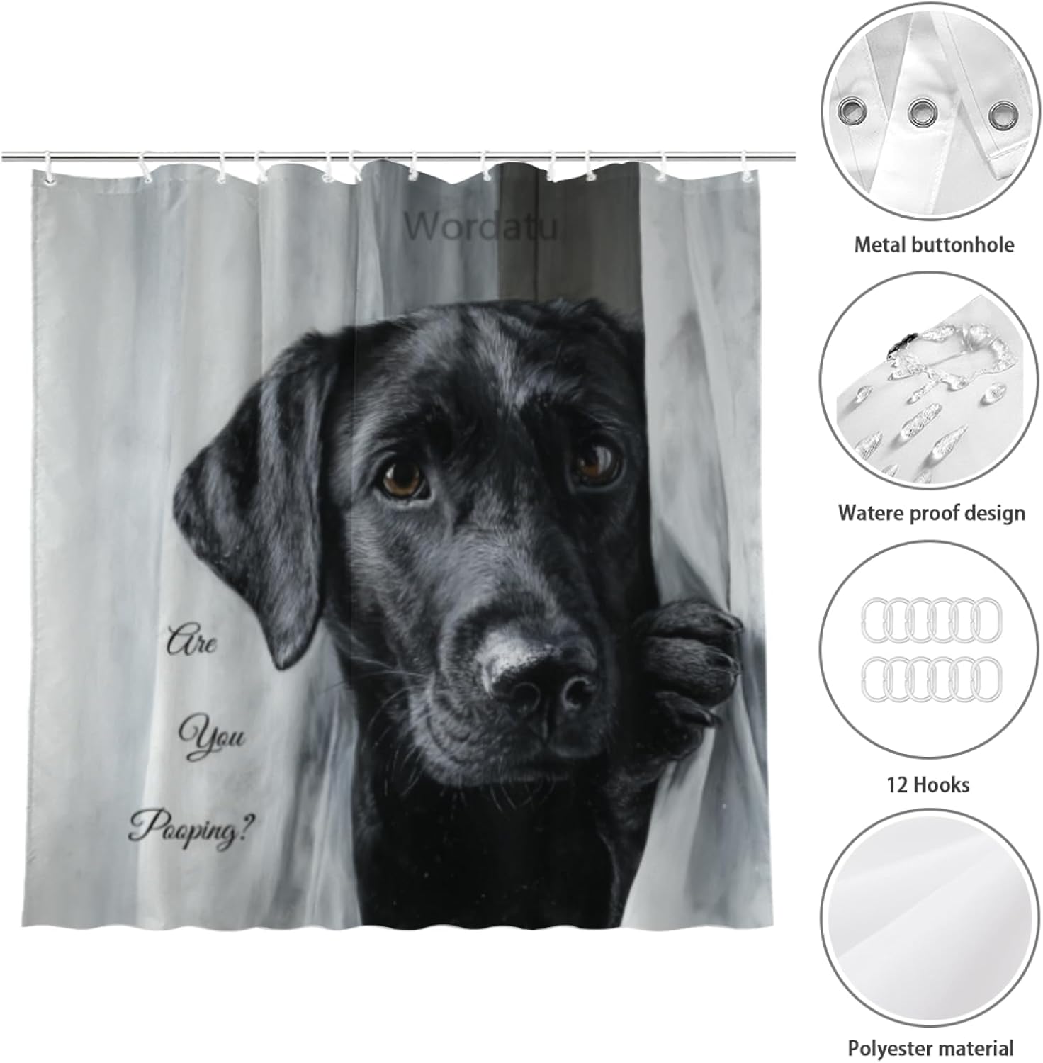 Black Labrador Dog Shower Curtain are You Pooping Decor Fabric Bathroom Curtains, Kids Children Rustic 72x72 Inch Black and White