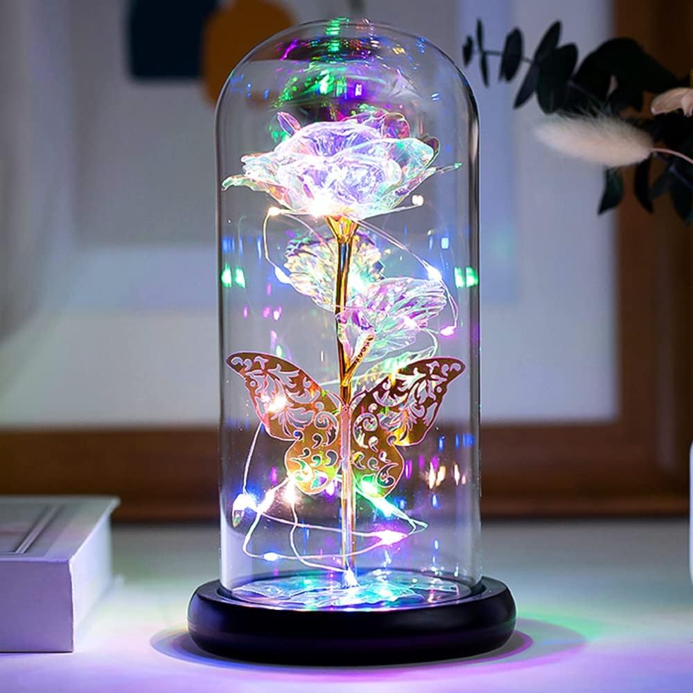 Galaxy Rose and Butterfly LED Glass Dome - Enchanting Decorative Masterpiece - Rose Flower Lasts Forever with Gift Light - Multi-image-25