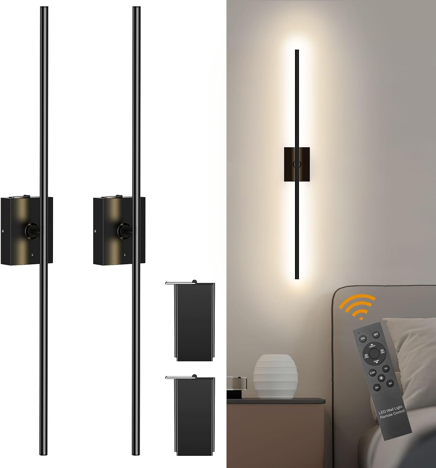 Battery Operated Wall Sconce with Remote Control, Wall Sconces Set of Two, Dimmable Led Lights for Bedroom, 3000K-6500K Battery Lights for Wall Decor, Hallway, 31 Inch