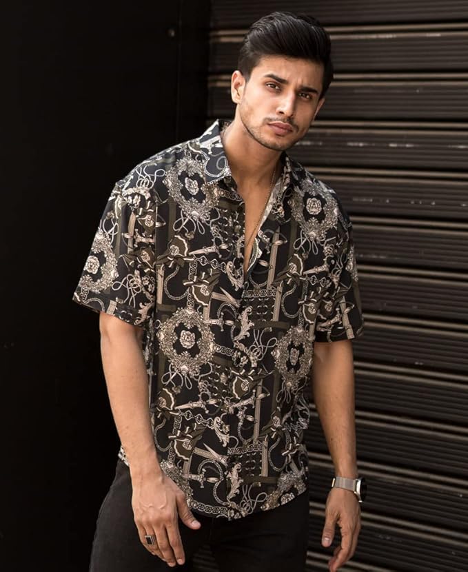 Image of Men's Striped Slim Fit Half Sleeves Stratchable Printed Shirt