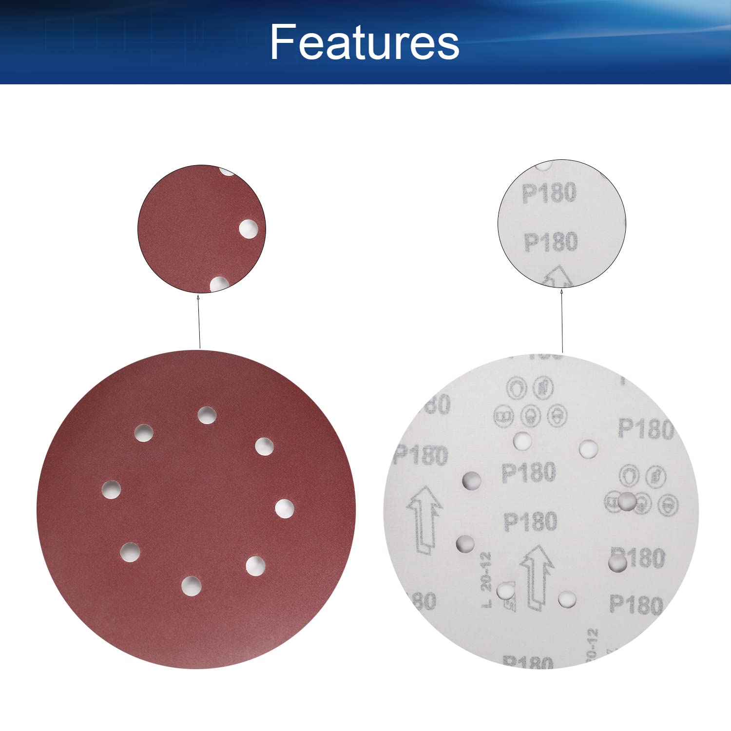 Auniwaig 10PCS 180 Grits Hook and Loop Sanding Disc, 7-Inch 8-Hole, Aluminum Oxide Round Flocking Sandpaper for Sanding Grinder Polishing Accessories