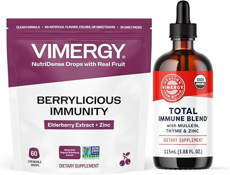VIMERGY NutriDense Elderberry + Zinc Berrylicious Immunity* Chewables 60 Count & USDA Organic Total Immune Blend* Liquid Supplement 115 mL