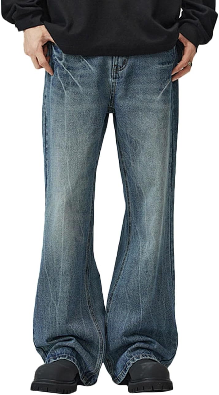 Nutriangee Men's Vintage Flared Leg Jeans Loose Fit Relaxed Bell Bottom Denim Pants