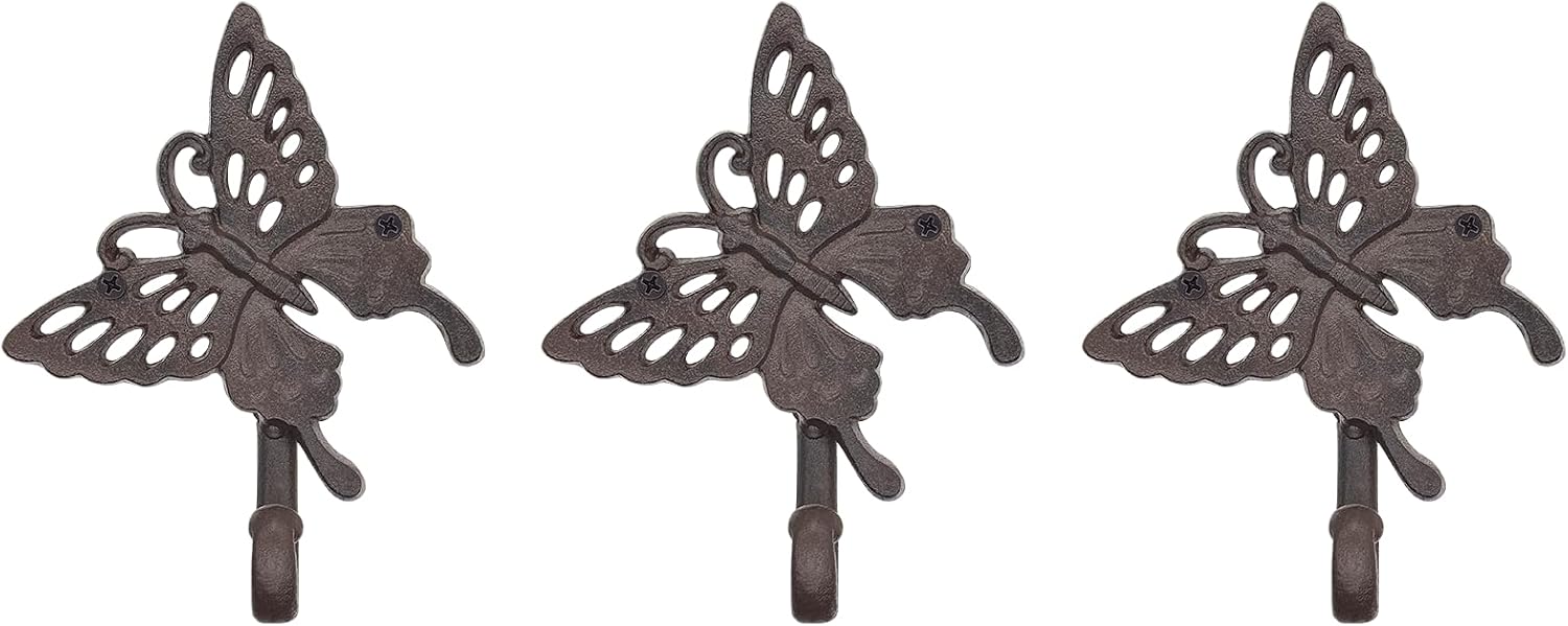 Decorative Wall Hooks Cast Iron - Heavy Duty Rustic Brown Butterfly Coat Hooks for Hanging Key Purse Hat Towel, Farmhouse Entryway Shabby Chic Decor Vintage Wall Mount Hanger 3 Pack