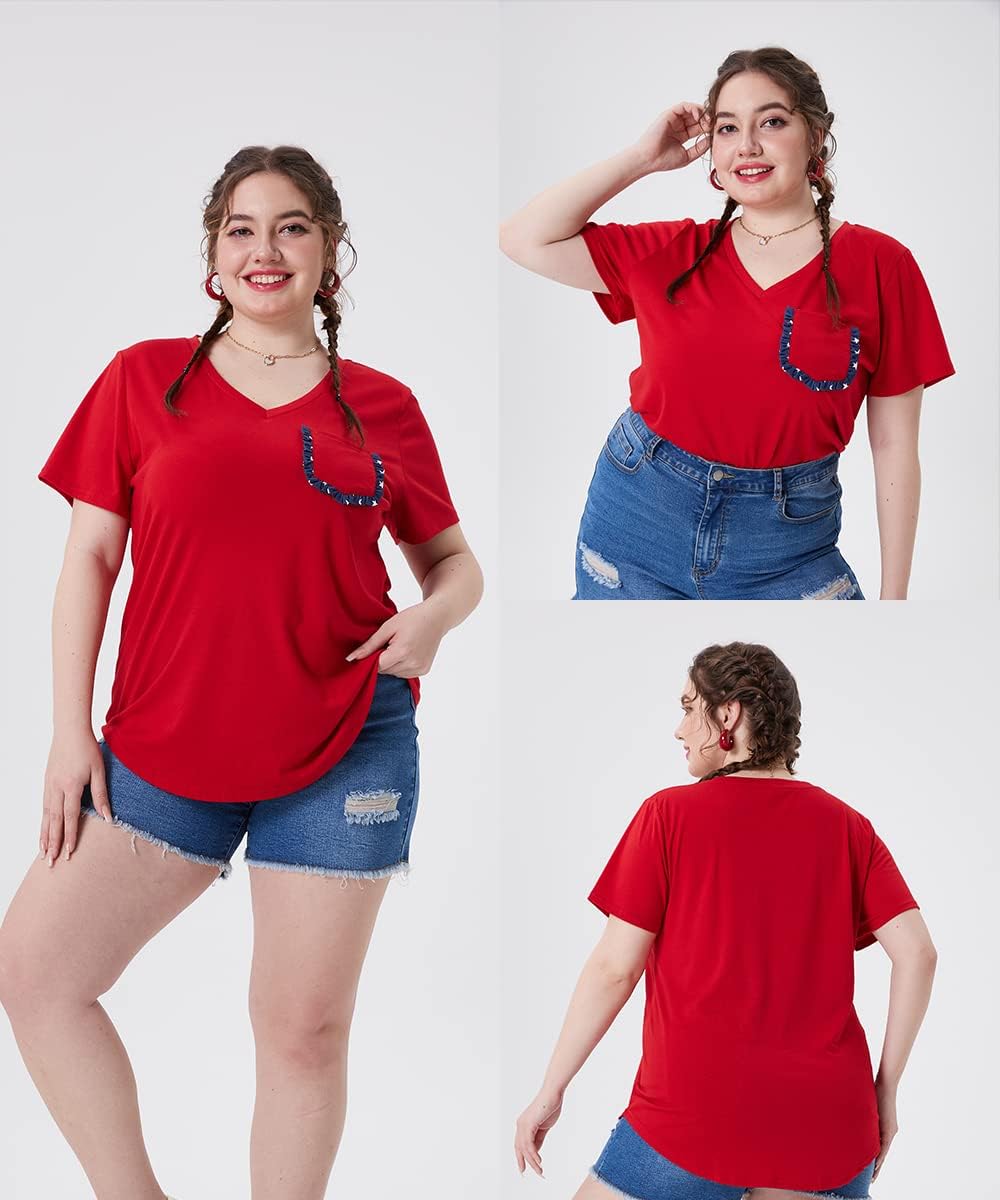 RITERA Plus Size Top For Women Casual Summer Shirt V Neck Tunic Basic Short Sleeve Tees With Pockets - Image 2