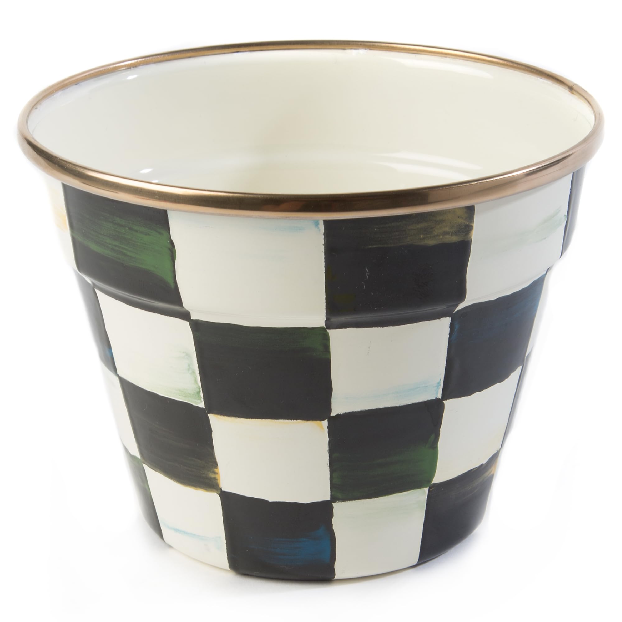 MACKENZIE-CHILDS Enamel Garden Pot, Planting Pot for Plants and Flowers, Small, Black-and-White Courtly Check