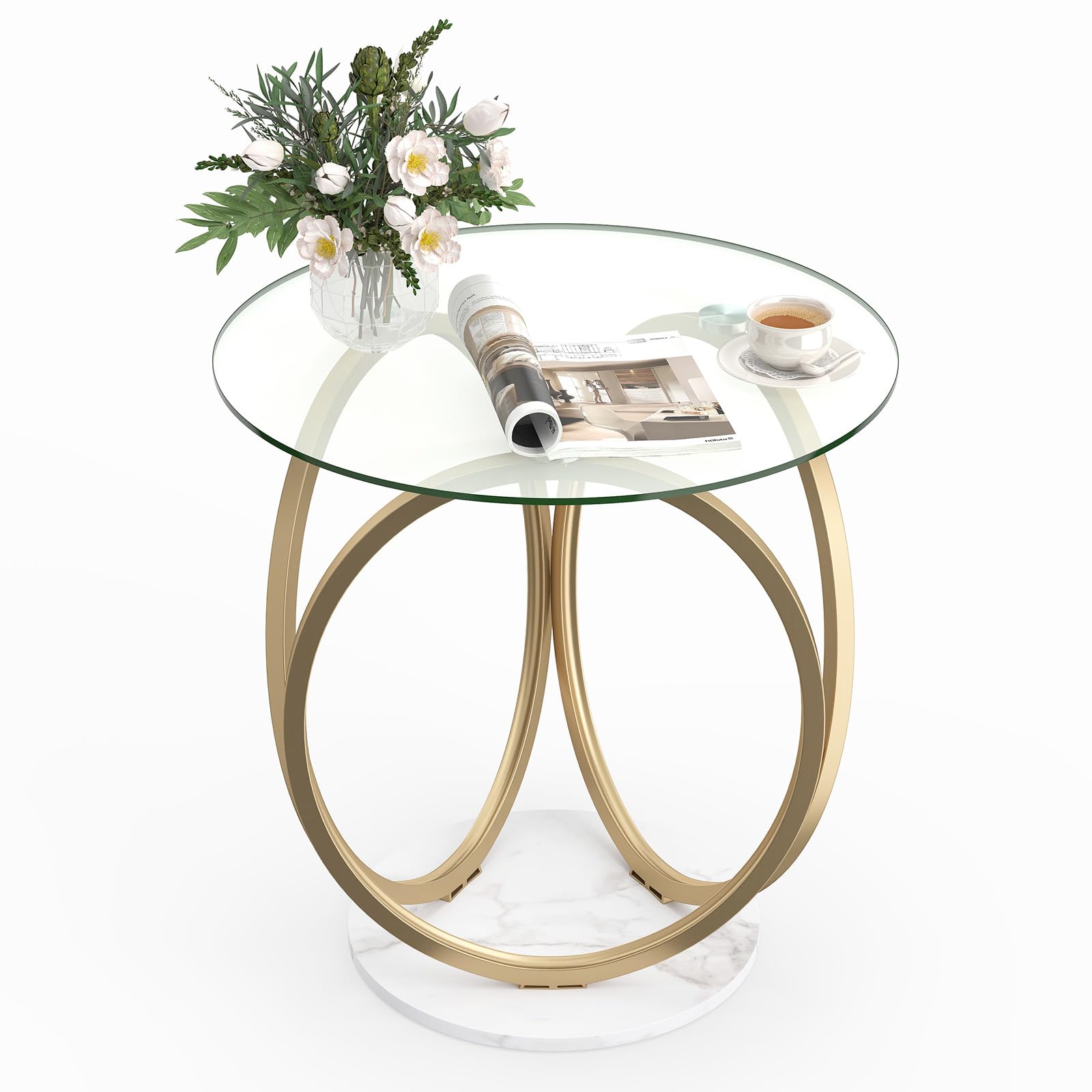 COSTWAY Mesa de Centro Redonda, Mesa Moderna de Vidrio Templado con Marco Geométrico de Anillo Metálico, Mesa Auxiliar para Salon, Oficina en Casa, Espacios Pequeños, 60 x 60 x 61,5 cm