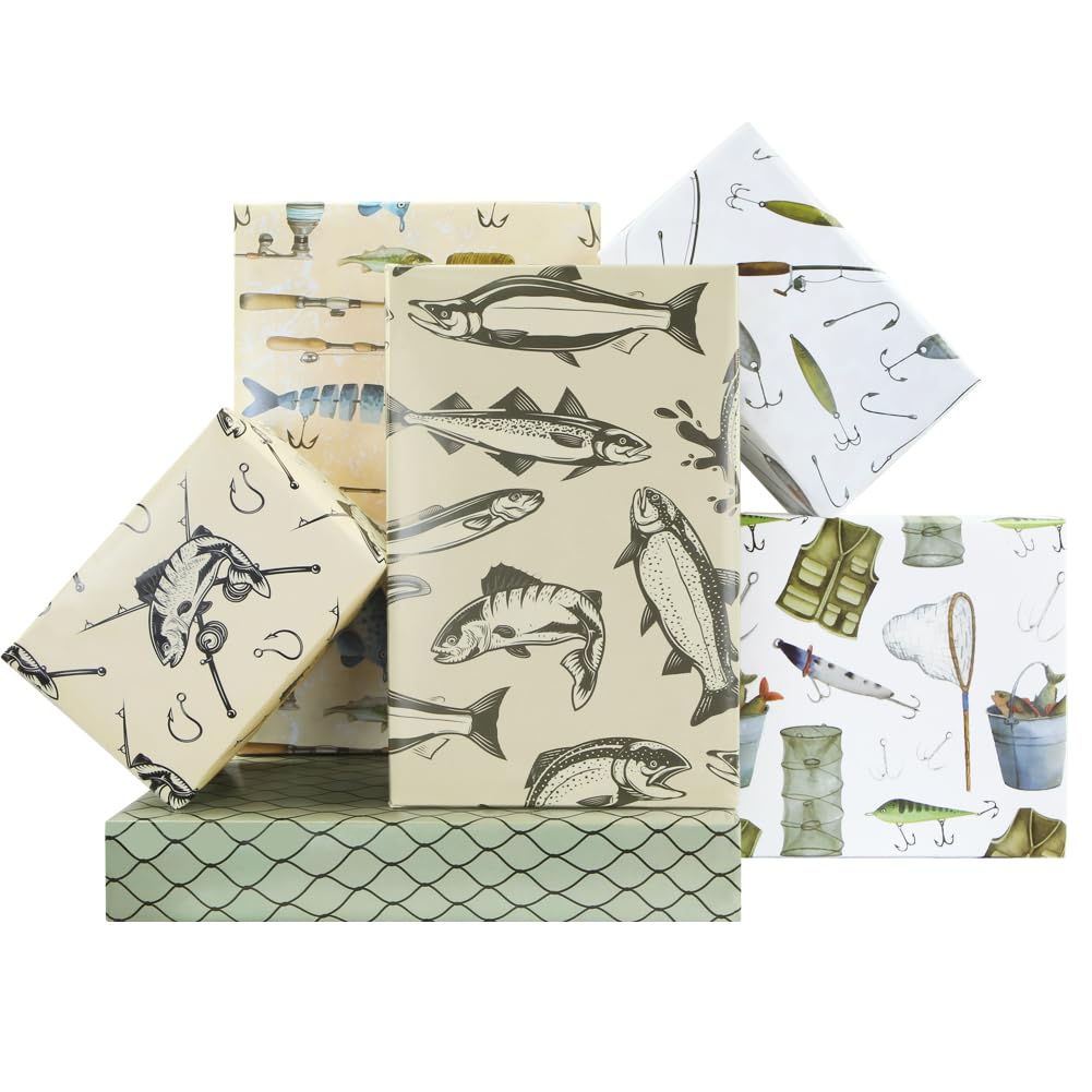 Fishing Wrapping Paper, Vintage Gone Fishing Fish Fishing Tackles Gift Wrap 6 Sheets, 50x70cm Per Sheet for Fisherman Birthday Fishing Enthusiasts