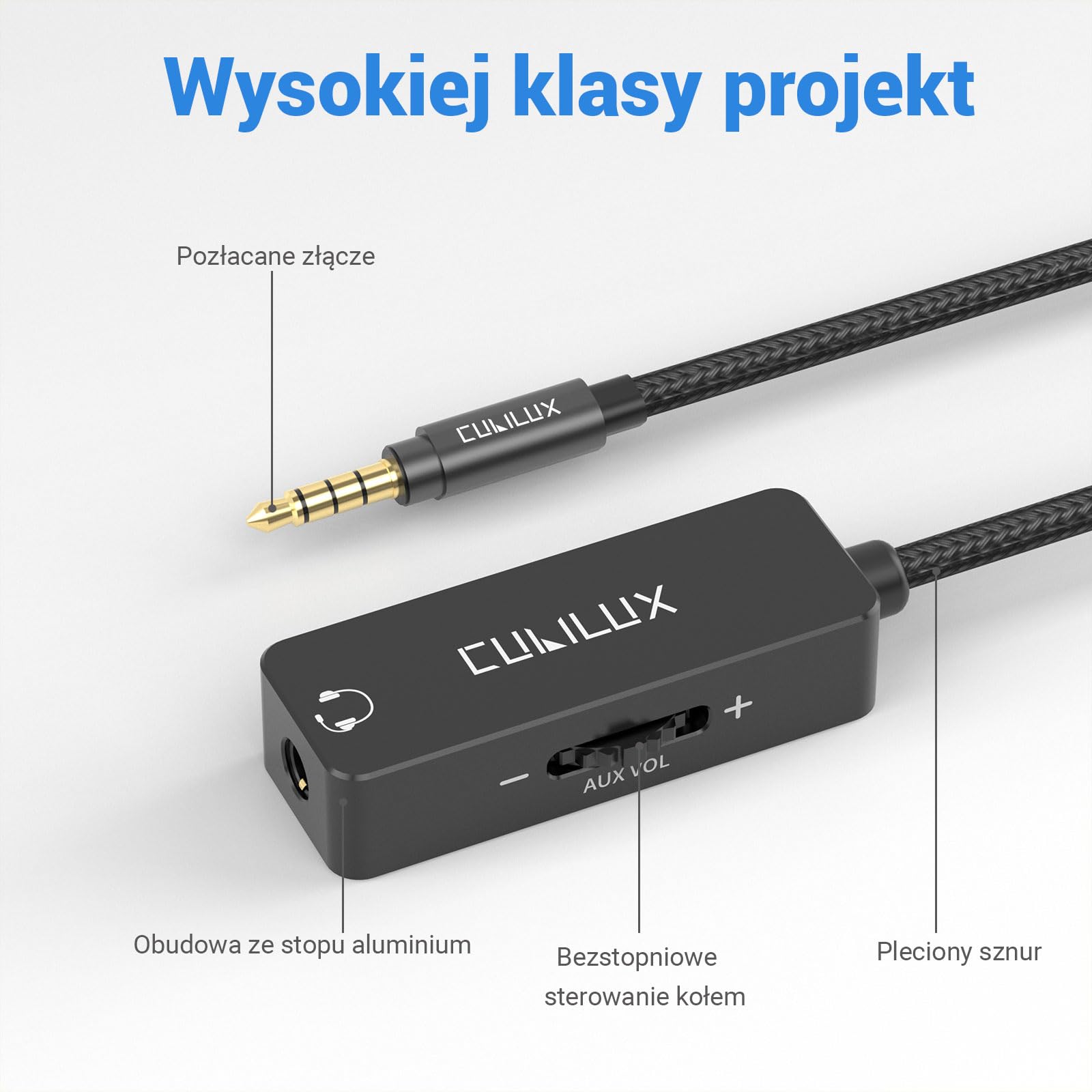 Cubilux Kabel tłumiący 3,5 mm TRRS, przedłużacz słuchawkowy 1/8 cala z regulacją głośności, wbudowany kontroler głośności do słuchawek, głośników, 1,2 m