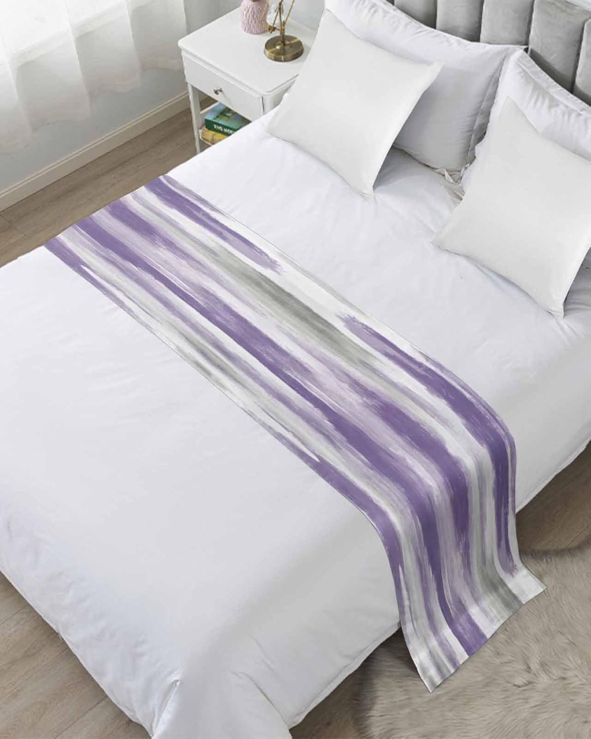 Purple Gray Bed Runner Scarf Full Queen Size, Vintage Country Abstract Gradient Aesthetic Luxury Bed Throw Runners & Scarves for Twin Full Queen King Foot of Bed, Bedroom Hotel Decoration, 83"x20"