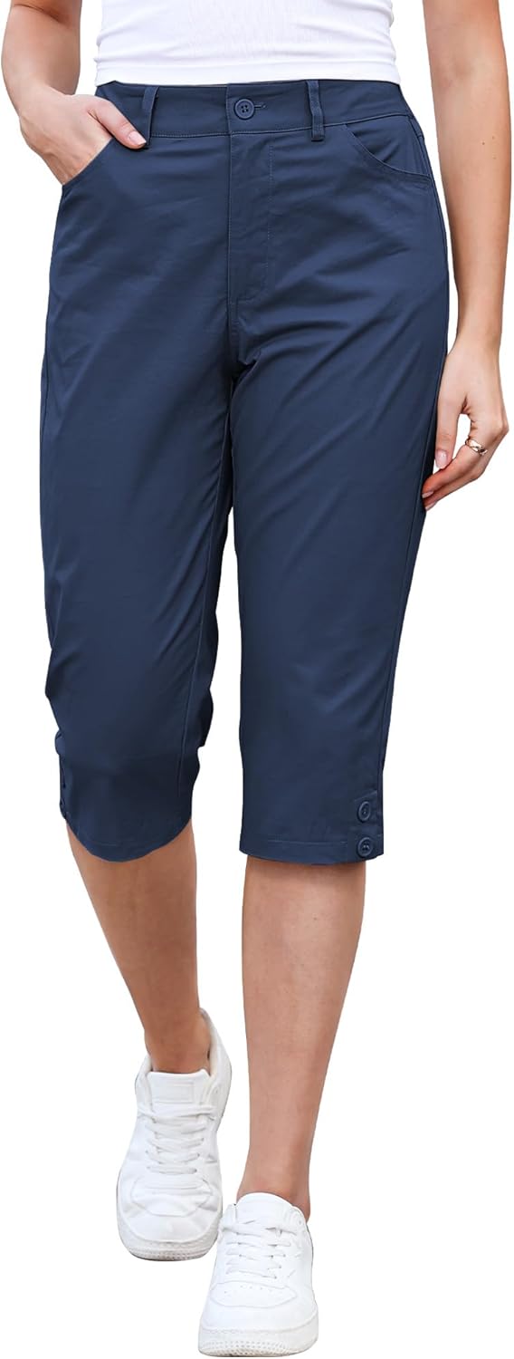 GRAPENT Capri Pants for Women High Waisted Relaxed Fit Elastic Knit Waist Casual Capris Cotton Trousers Cropped Pants