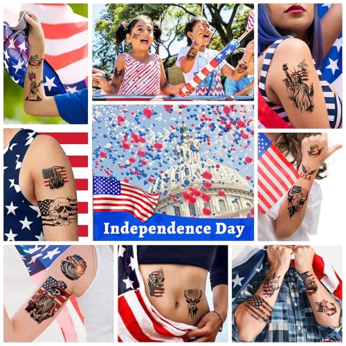 Image of 77 Sheets Independence Day Temporary Tattoos, USA Flag Patriotic Waterproof Fake Tattoos, Red White and Blue Party Supplies Tattoo for 4th of July Memorial Day, Veterans Day Tattoos