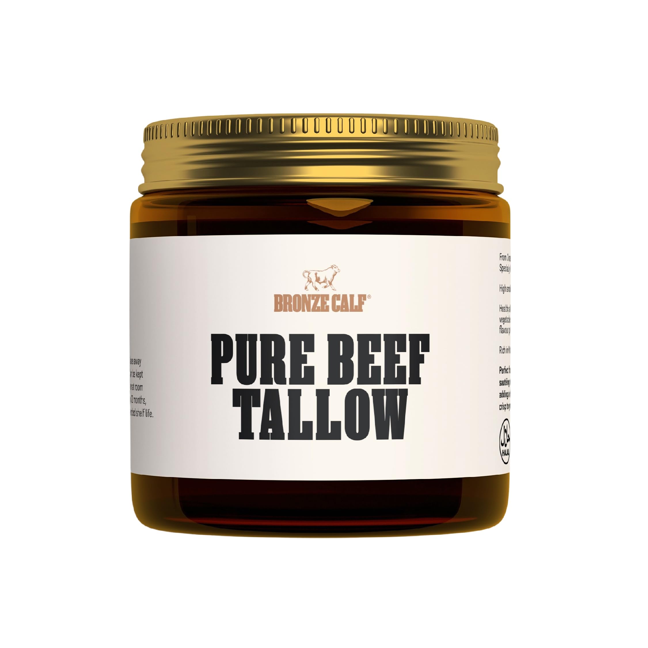 BRONZE CALF Pure Beef Tallow | Specially Rendered Beef Fat for Cooking | Grassfed British Cows | Halal Beef Dripping, Keto and Paleo Friendly | Gluten Free, Seed Free (500ml)
