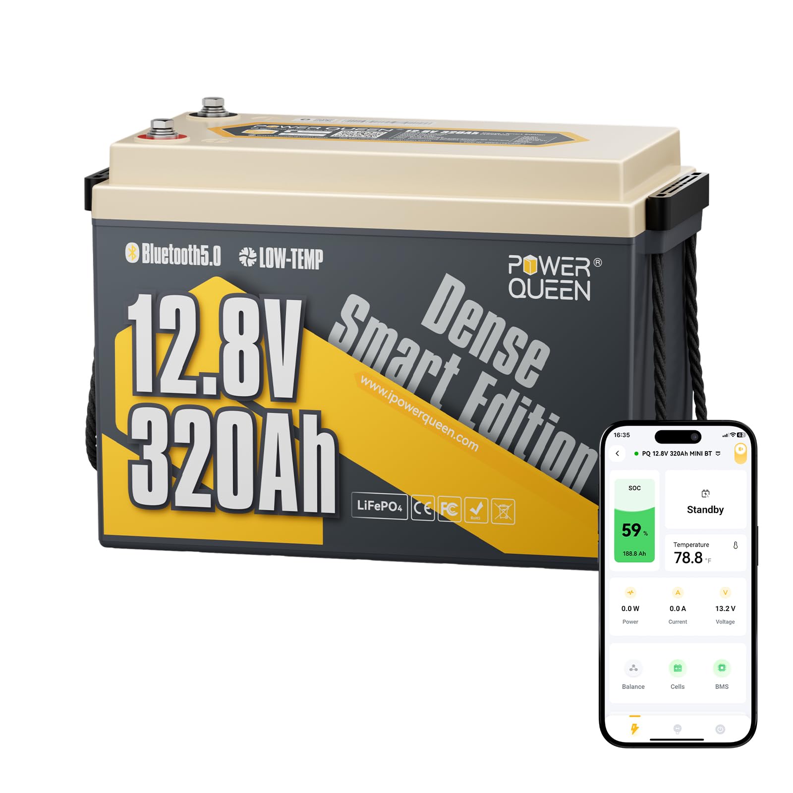 Power Queen Batteria al litio Bluetooth 12V 320Ah, con BMS 200A e protezione dalle basse temperature, Max. 15.000 cicli, Batteria LiFePO4 ad alta capacità per Camper, Barche, Off-Grid e Casa