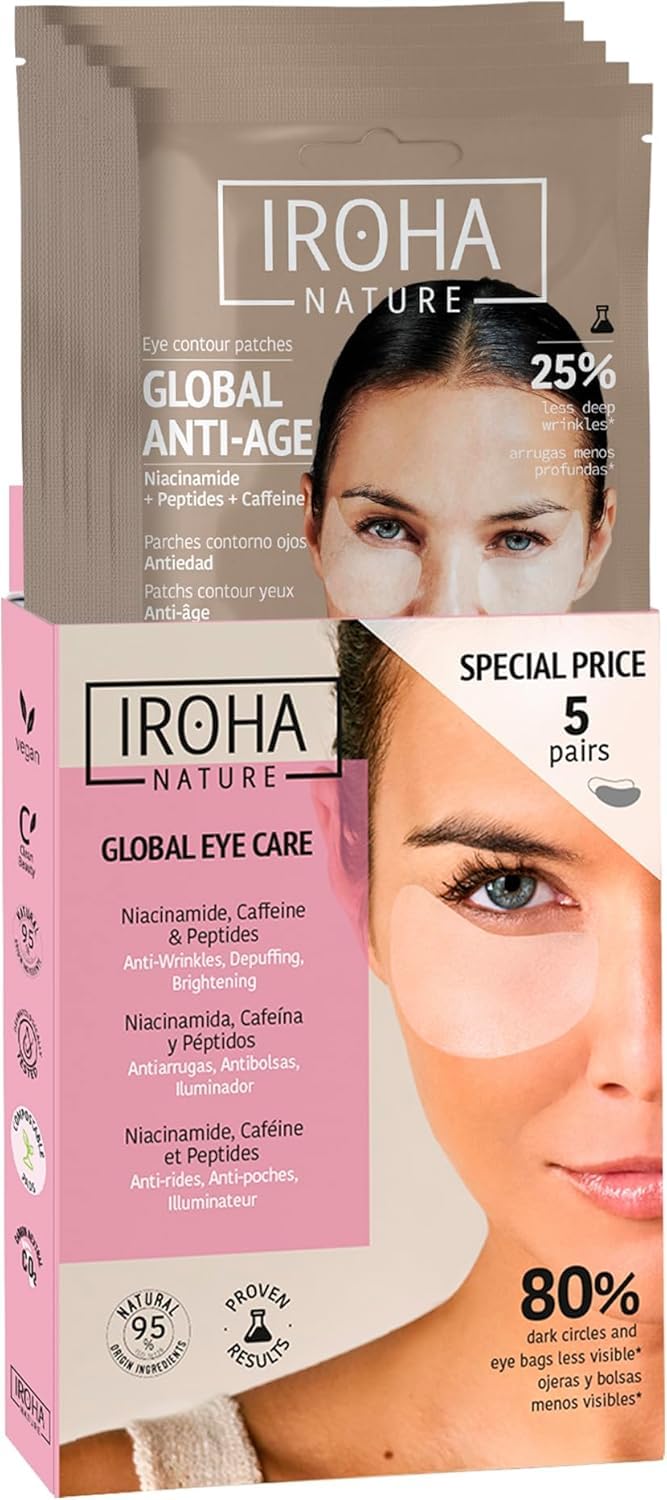 Iroha Nature - Cerotti Occhi Antietà | Niacinamide, Caffeina e Peptidi | Riduzione Rughe, Linee di Espressione e Occhiaie | Idratazione con Acido Ialuronico | Vegano e 100% Biodegradabile | 5 pezzi