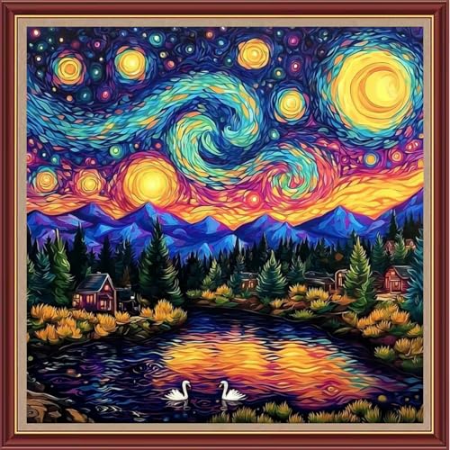 Image of Dooxvey Cross Stitch Kits for Adults Beginners,Full Range of Cross-Stitch Stamped Kits Needlepoint Kits for Beginners Embroidery Kits 11CT Cross Stitch Patterns-Van Gogh's Starry Night Home 18x18 inch