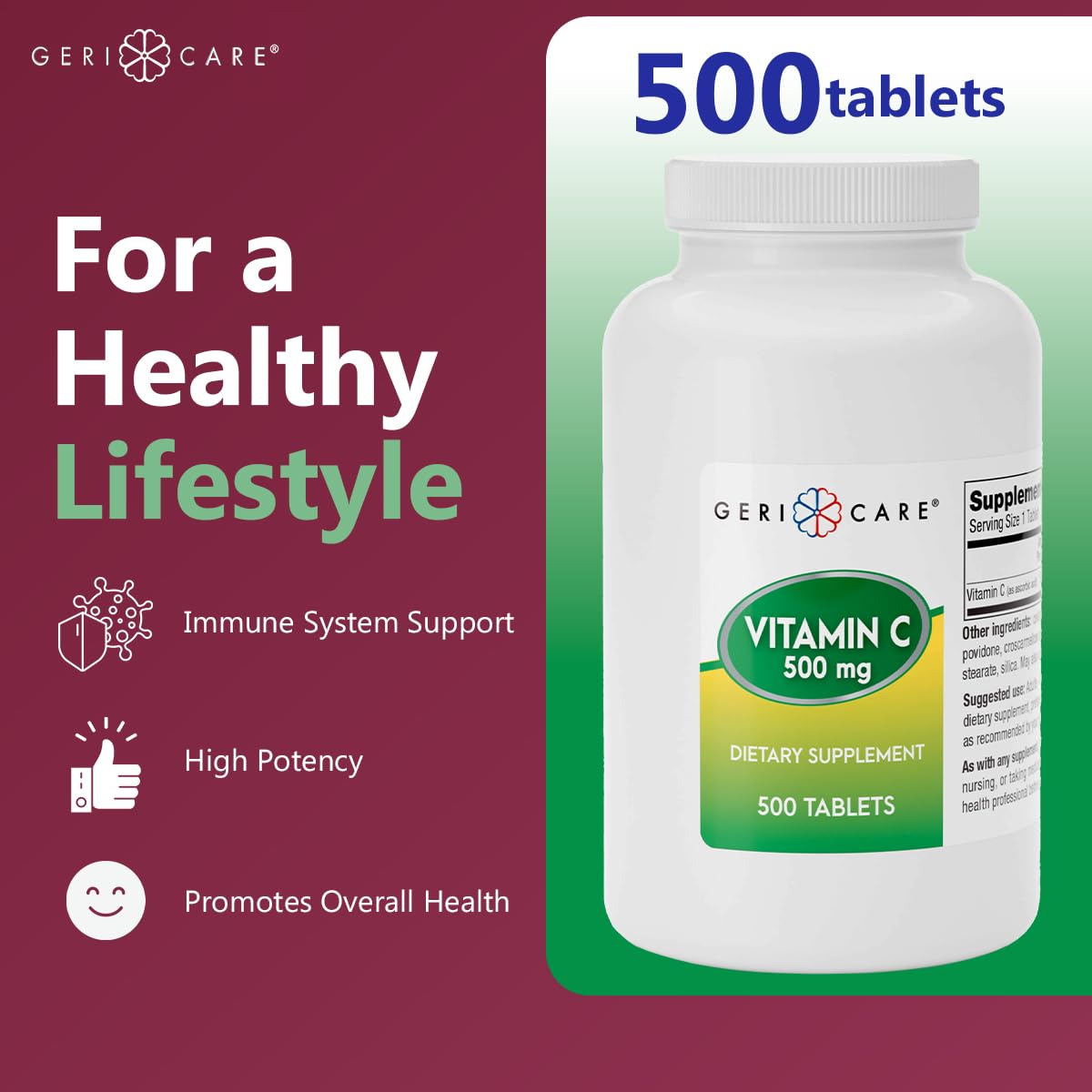 GeriCare Vitamin C 500 mg Antioxidant, Immune System Support, Nutritional Supplement Tablets, 500 Count (Pack of 1) — Amazon image 4