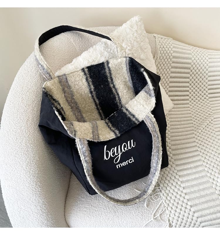 Women's Plush Tote Bag Large Shoulder Bag with Dual Sides Soft Trendy Casual Commuter Bag for Work Travel4