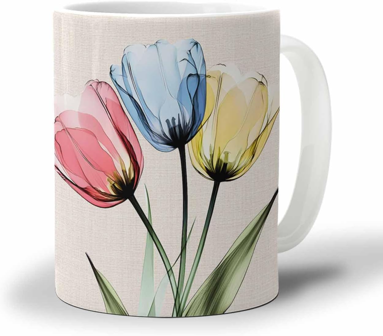 BEMIGO Ceramic Coffee Mug Colorful Tulips Ceramic Mug White Cup, Farm Vintage Insulated Coffee Cup with Handle with Pattern Perfect for Tea and Hot Beverages, 12oz
