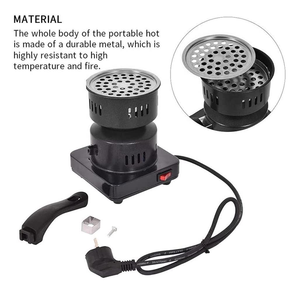 Quemador de Carbón Eléctrico, Quemador de Carbón 220V con Mango, Hornillo de Carbón de 600W de Potencia, para Cocina Casera BBQ, Hookah, Carbón de Coco, Té/Café y Camping(Negro)